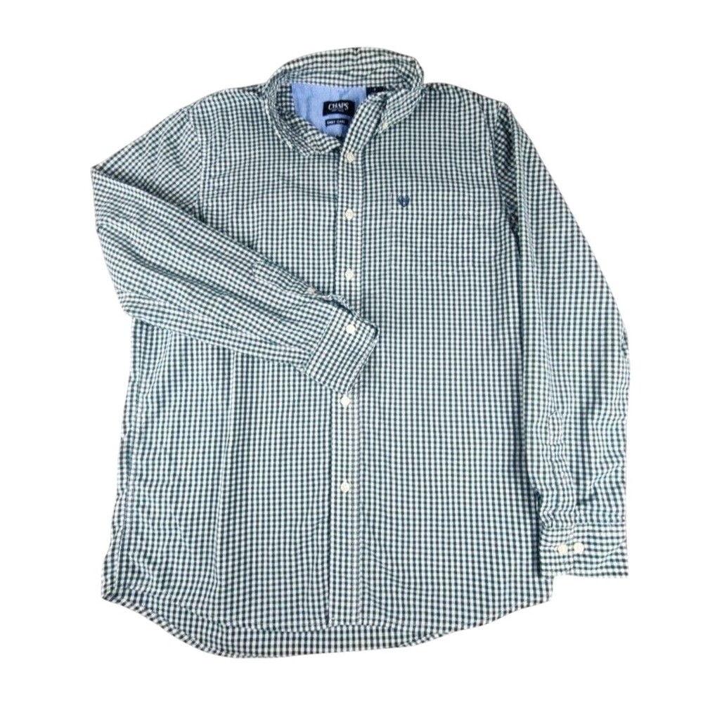 Chaps Shirt Mens Medium Green Check Easy Care Long Sleeve Button Down Casual